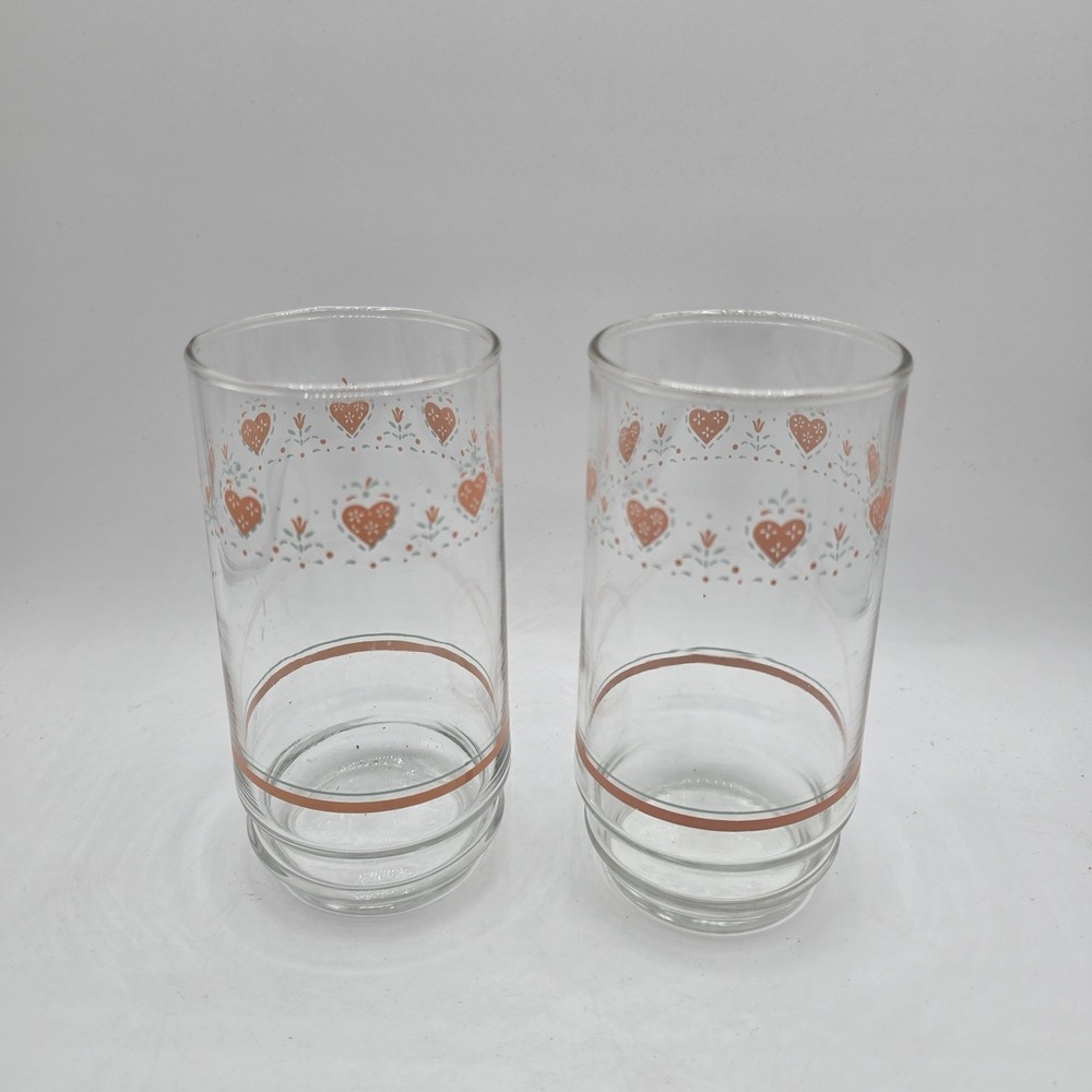 2 Corelle Forever Yours Pink Hearts Cottage Core 16 oz Drinking Glasses Vtg